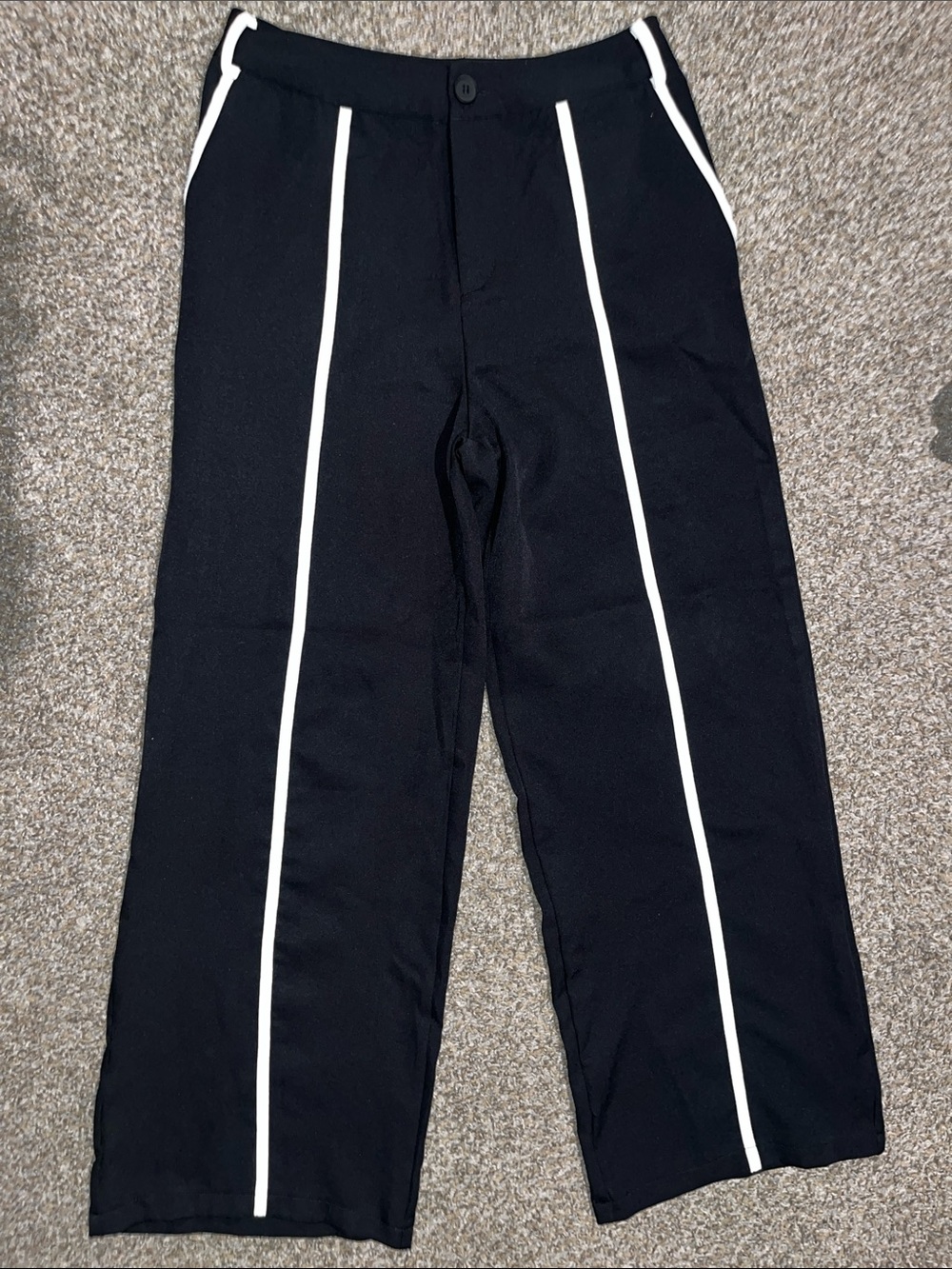 Black Wide‑Leg Pants with White Piped Stripes